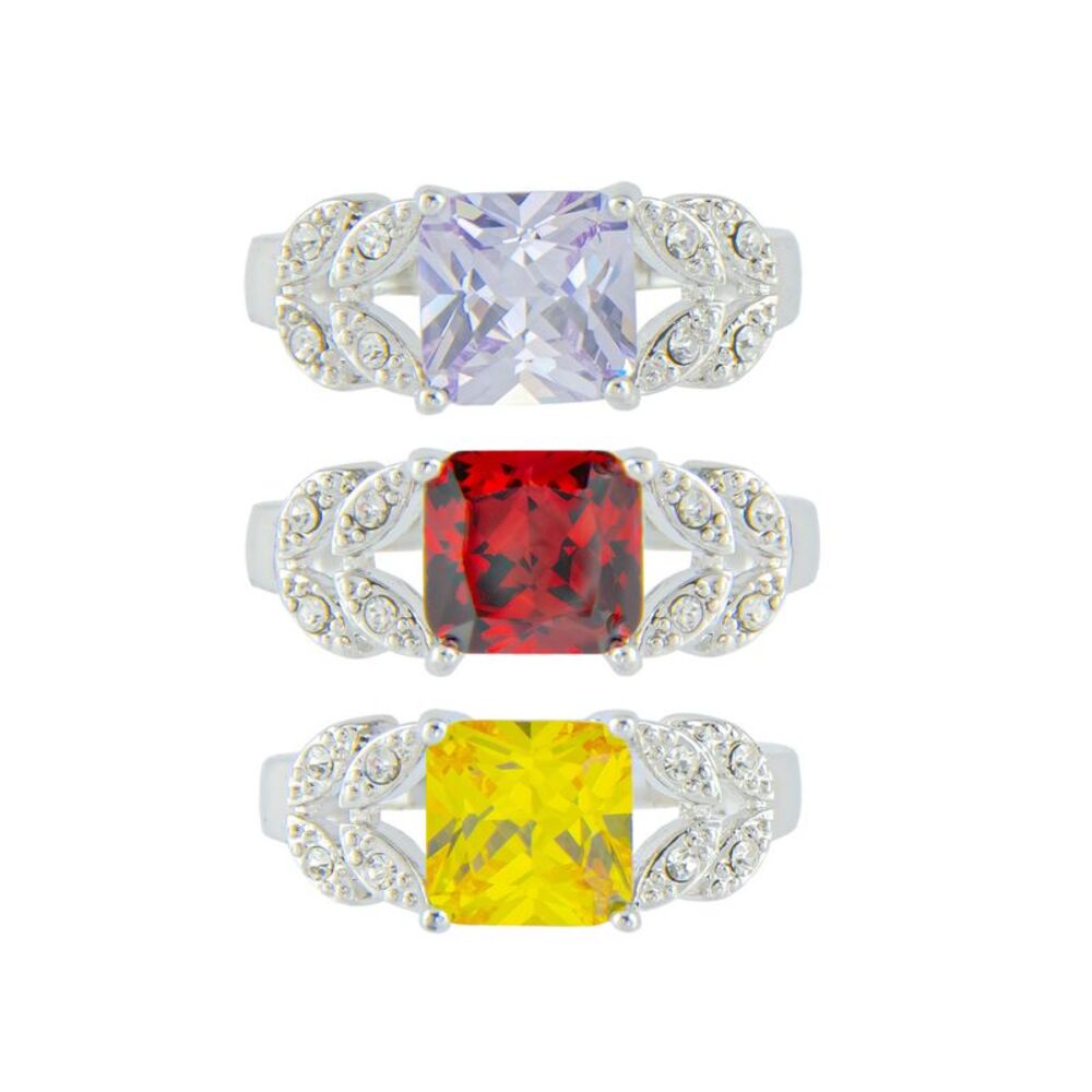 Sparkling Red, Purple & Yellow Princess Cut Cubic Zirconia Three Ring Set-Size 7